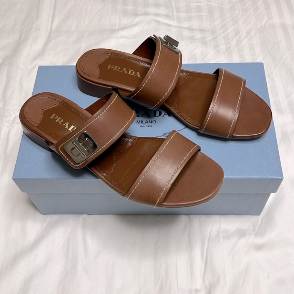 Prada Calzature Donna Brandy Women's Tan Slide Sandals Size 36